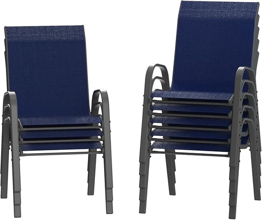 Amopatio Patio Chairs Set of 8, Outdoor Stackable Dining Chairs for All Weather, Breathable Garden Outdoor Furniture for Backyard Deck, Navy Blue