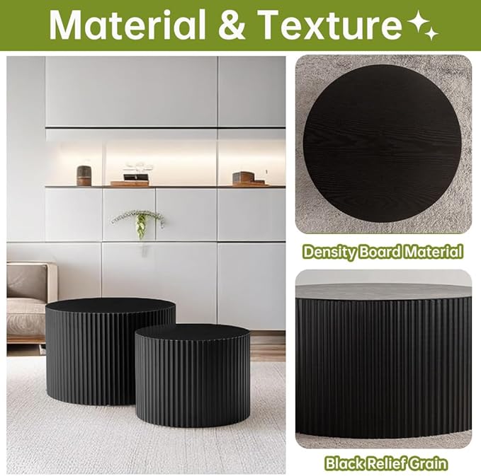 Round Nesting Coffee Table Set of 2 Small Round Coffee Tables for Living Room Modern Fluted Coffee Table Circular End Table Side Table for Small Spaces No Assembly (Black A, 27 in)