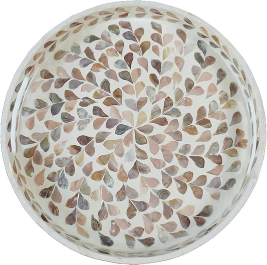 PEMAR 12.6” Mother of Pearl Round Serving Tray with Handles, Decorative Nacred Wooden Ottoman Coffee Table Tray for Dining, Party, Dinner, Breakfast in Bed (Brown Floral Pattern)