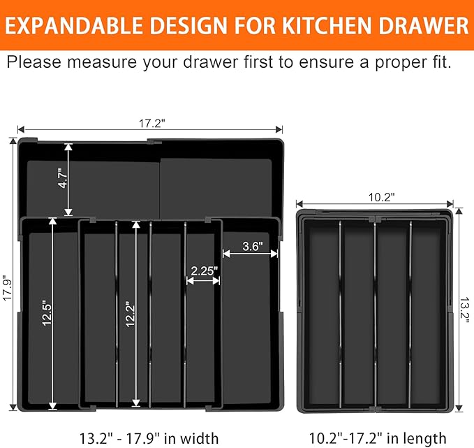 Silverware Organizer - Expandable Kitchen Drawer Organizer BPA-Free Silverware Drawer Organizer, Stackable Cutlery Tray for Forks, Knives, Slim Kitchen Organizers and Storage, Black, Large