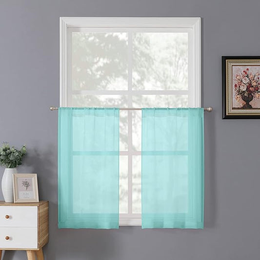 Tollpiz Sheer Tier Curtain Linen Textured Half Kitchen Curtains Sheer Light Filtering Rod Pocket Voile Small Curtains for Bathroom, 25 x 36 inches Long, Crystal Blue, Set of 2 Panels