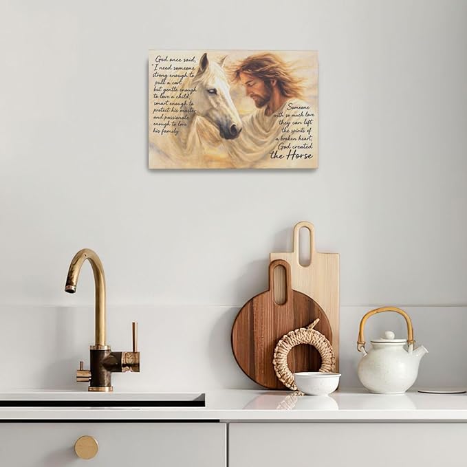 Horse Wall Art Christian Jesus Canvas Wall Decor Scripture Pictures Christ Paintings Prints Religious Bible verse Artwork Framed Decorations For Church Prayer Room Bathroom Bedroom Living Room Gifts 24" x 16"