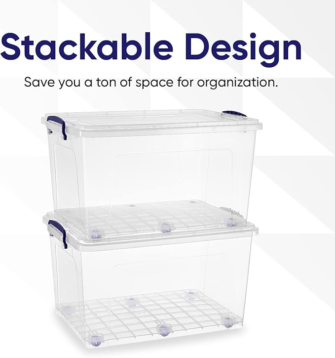 Superio Storage Containers With Wheels (3 Pack), Stackable Large Storage Containers With Lids, Durable Latches (44 Quart)