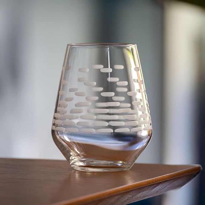 Rolf Glass Strata Stemless Wine Tumbler | Made in America | 18oz Stemless Wine Glass | Diamond Engraved Crystal Glass | Geometric Brick Design | Set of 2