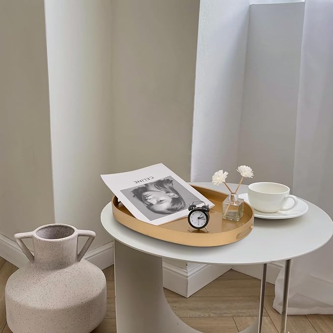 MAONAME Gold Decorative Tray, Oval Serving Tray with Handles, Plastic Trays for Coffee Table, Ottoman Trays for Living Room, Bathroom, 15.6" X 10.6" X 1.4"