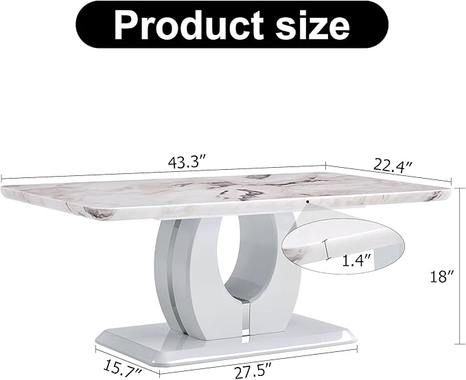 LKTART Rectangle Coffee Table for Living Room, Imitation Marble Coffee Tables with Storage, Modern Stable Base Accent Center Tea Table for Small Space Apartment (43.3''L×22.4''W-White,Grey)