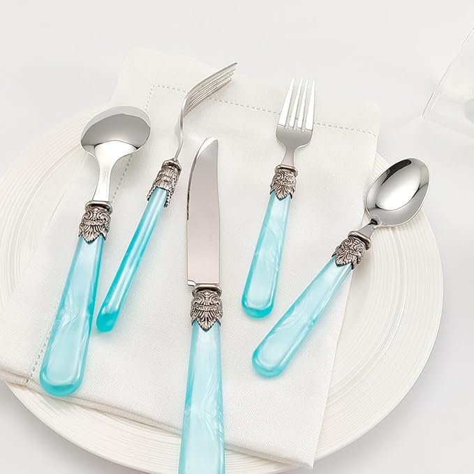 REVERIE Collection 18/10 Stainless Steel Vintage Flatware set,Sliverware set,Dishwasher safe (20, Blue)