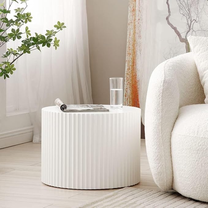 23.6" Round Coffee Table Set of 2, MDF Nesting Tables with Roman Column Design, Modern Handcrafted Wooden Drum Accent Tables for Living Room, No Assembly Required (White)