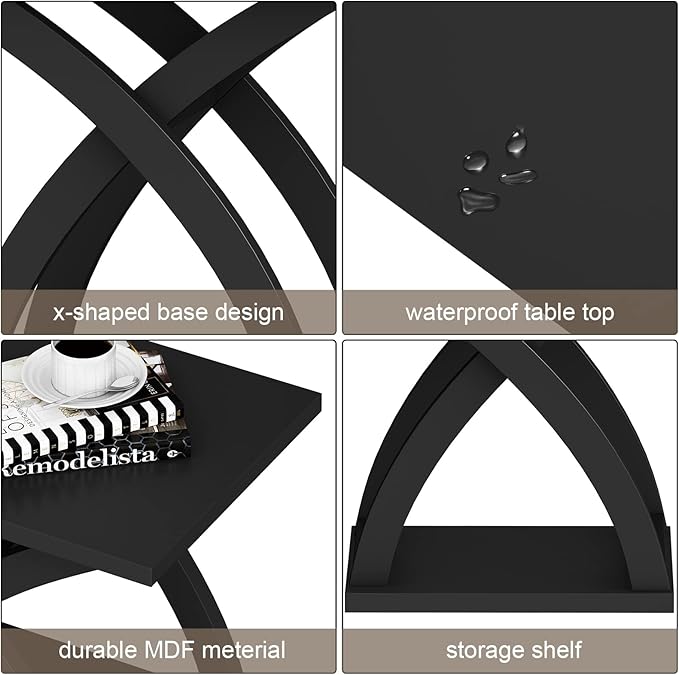 ChooChoo End Side Table, Modern End Table with Storage Shelf, X-Design Side Table Living Room (Black)