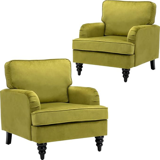 chairus Mid Century Modern Velvet Accent Chair Set of 2, Vintage Club Armchair with Firm Supportive Seat & Soft Backrest, Comfy Single Sofa Reading Chair for Living Room Bedroom Apartment, Olive Green