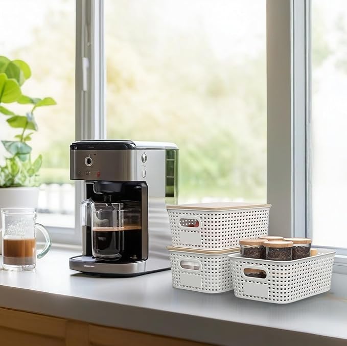 Small Plastic Storage Bins with Bamboo Lid - Plastic Storage Container with Lid - Stackable storage baskets for organizing: Storage box for Drawers Office Closet Shelf Organizing,10x7x4 In-White-6 Pcs