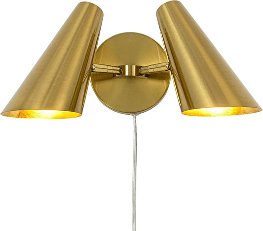 Gold 2-Light Plug in Wall Sconce, Modern Vanity Light Wall Lamp with Rotatable Lampshade Picture Light for Bedroom Living Room Bathroom Foyer