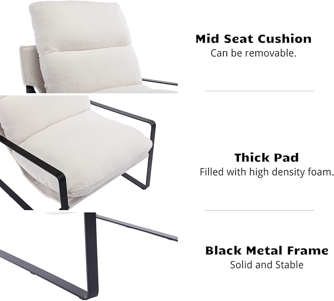 HEAH-YO Modern Accent Chair Set of 2, Upholstered Sherpa Living Room Chair with Backrest and Metal Frame, Comfy Reading Chair for Bedroom, White