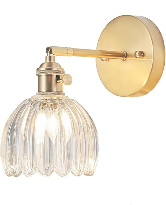 Hardwired Wall Sconce Light, Vintage Wall Sconce with Switch, Gold Wall Light Fixture with Tulip Transparent Glass Lampshade, Indoor Wall Light for Bedroom Bathroom, Bedside Wall Lamp