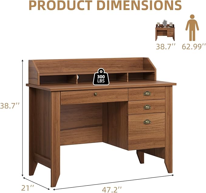 4 EVER WINNER Wooden Desk with Drawers, Small Desk with Monitor Stand and File Drawe, Office Desk with Drawers for Bedroom Small Spaces, Walnut