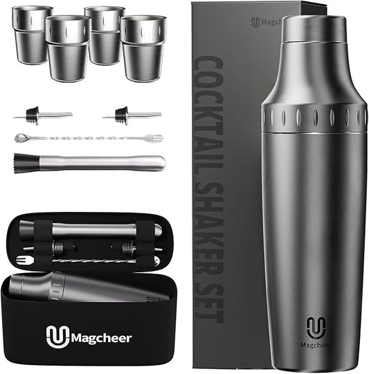 Hybrid Cocktail Shaker Set with Stackable Cups | Vacuum Insulated Stainless Steel Martini Shaker & Bartender Tools | Travel-Ready Kit | 30oz | Gunmetal Gray