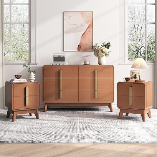 Mid Century Modern Bedroom Set, 6 Drawer Dresser and Nightstand Sets for Bedroom, Night Stand Set 2 & 6 Drawer Dresser with Gold Handles, Wood Chest of Drawers Storage Cabinet Set, Walnut