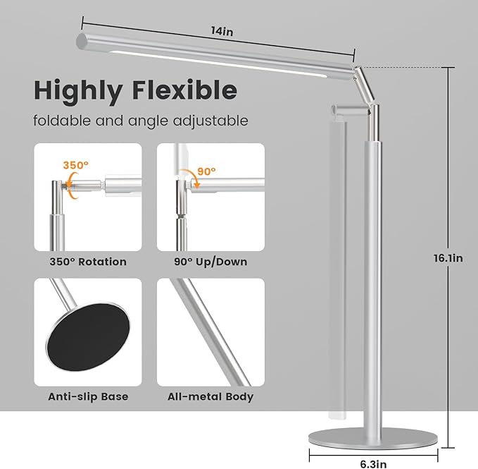 Metal Desk Lamp for Home Office - Foldable LED Table Lamp for Reading, 4 Color & 6 Brightness, 15W Dimmable Desk Light with Flexible Arm, Eye-Caring Desktop Lamp for College Dorm, Silver