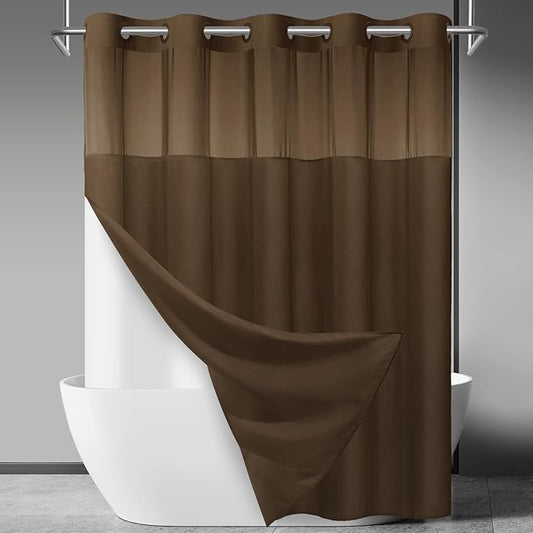 No Hook Slub Textured Shower Curtain with Snap in Liner - Chocolate Fabric Outer Curtain & Waterproof Inner Liner, Hotel Style with See Through Top Window, 71x74 in