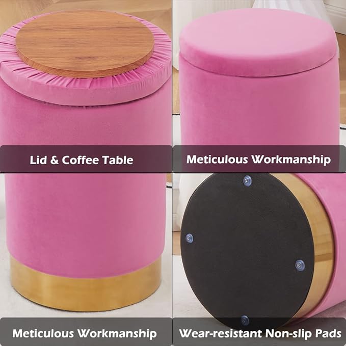 Mxfurhawa Velvet Storage Ottoman Multipurpose Footrest Stool with Metal Base Modern Round Vanity Stool Chair Ottoman Foot Stools Support 300 lbs Padded Seat for Living Room (Rose Pink)
