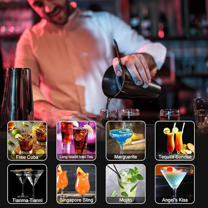 Cocktail Shaker Set, 23-Piece Boston Stainless Steel Bartender Kit with Acrylic Stand & Cocktail Recipes Booklet, Professional Bar Tools for Drink Mixing, Home, Bar, Party - Black
