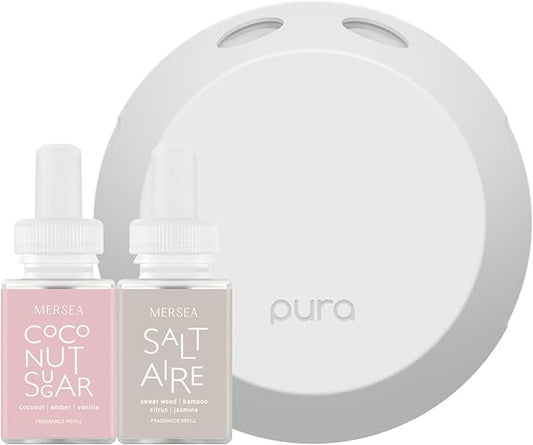 Pura Smart Home Fragrance Device Starter Set - Pura 4 - Scent Diffuser for Home - Includes Fragrance Aroma Diffuser - Square Box, Saltaire and Coconut Sugar Scent Refills