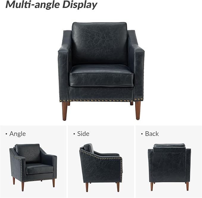 HULALA HOME Faux Leather Accent Armchair with Back & Seat Cushions, Traditional Club Chair with Nailhead Trim, Comfy Upholstered Sofa Chair for Living Room Bedroom, Navy