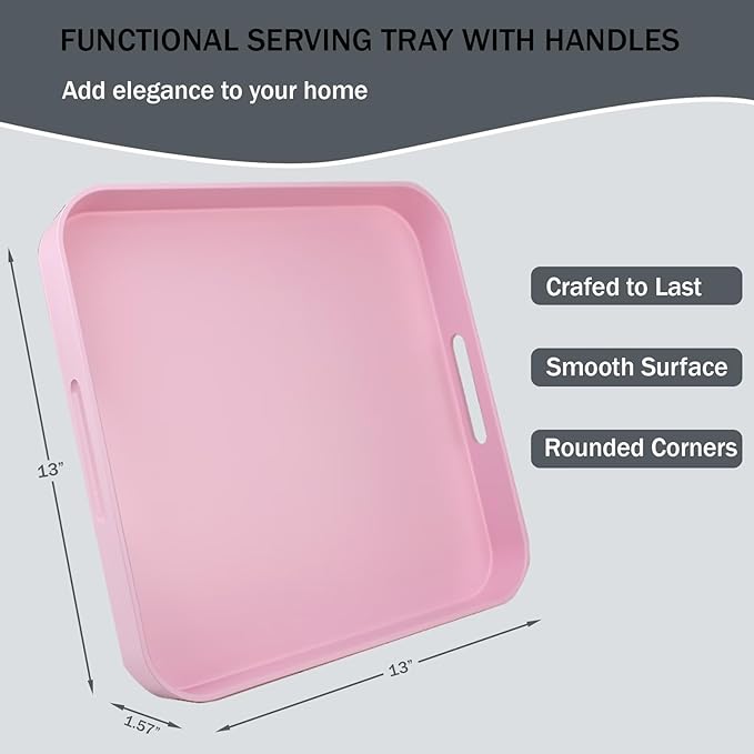 Square Pink Decorative Serving Tray with Handles, Versatile Ottoman Tray for Coffee Table, Entertaining, Outdoor Patio, Living Room, 13”*13”*1.6”