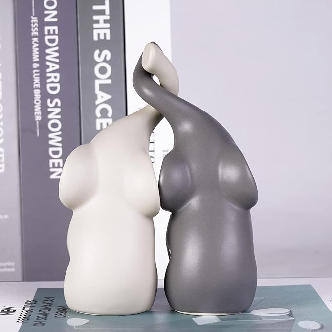 OwMell Set of 2 Loving Elephant Statue Figurine, 6" Elephant Ring Holder, Gifts for Couples Home Lucky Decor - Grey