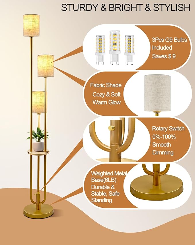 Lightdot Dimmable Floor Lamp for Living Room 3-Light Candle Holder Style Modern Floor Lamps with Table&Linen Beige Shade 3000K Warmwhite Gold Standing Lamp for Bedroom (Bulbs Included)