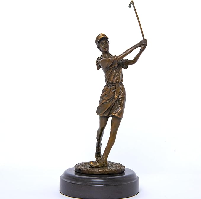 9.8" Bronze Golfer Girl Statue, Golf Figurines Bronze Statues and Sculptures Handmade Art Collectible for Home Office Decor