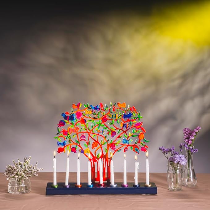 Yair Emanuel Menorah for Hanukkah | Colorful Hand Painted Design | Judaica Gift (Pomegranate Tree (HAY-2))