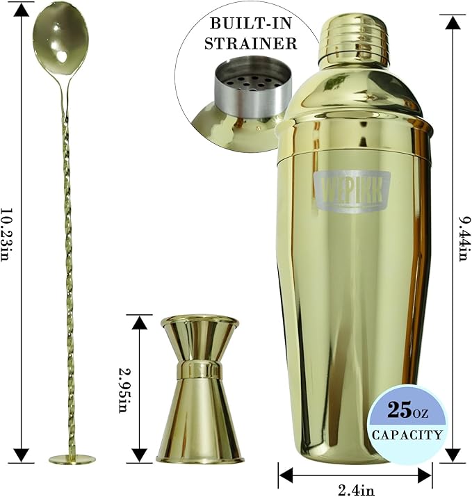 Stainless Steel Cocktail Shaker Set, 24oz/750ml Bartender Kit Includes Strainer and Stir Stick for Home, Bar, Party, Bar Accessories for The Home Bar Set (Gold)