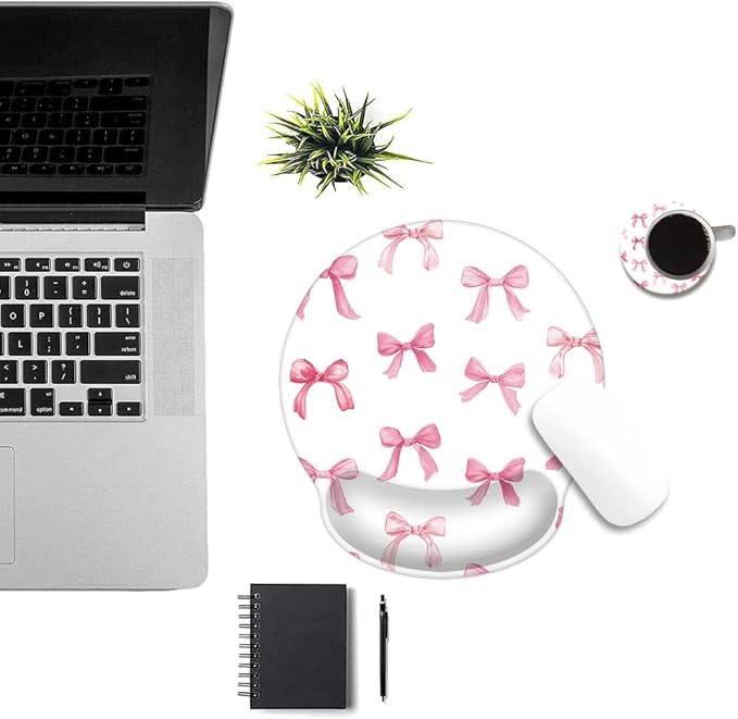 Mouse Pad with Wrist Support, Ergonomic Mouse Pad with Memory Foam Wrist Rest Cushion, Non-Slip Rubber Base Gaming Mice Pad for Home Office Computer Laptop,Pink Bow