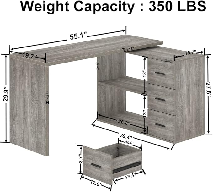 HSH 360° Rotating L Shaped Computer Desk with 3 Drawers and 2 Shelves, Home Office Swivel Desk for Work Writing Study Gaming, Reversible Wood Corner Desk with Storage Cabinet, Light Grey Oak, 55 Inch