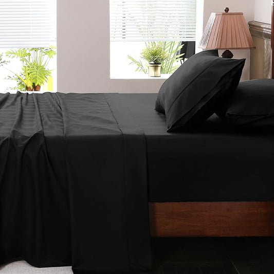 Extra Deep Pocket Queen Sheets 18-24 Inch 100% Egyptian Cotton 1000 Thread Count Sateen Weave Soft Breathable 4 Pieces（Queen,Black）