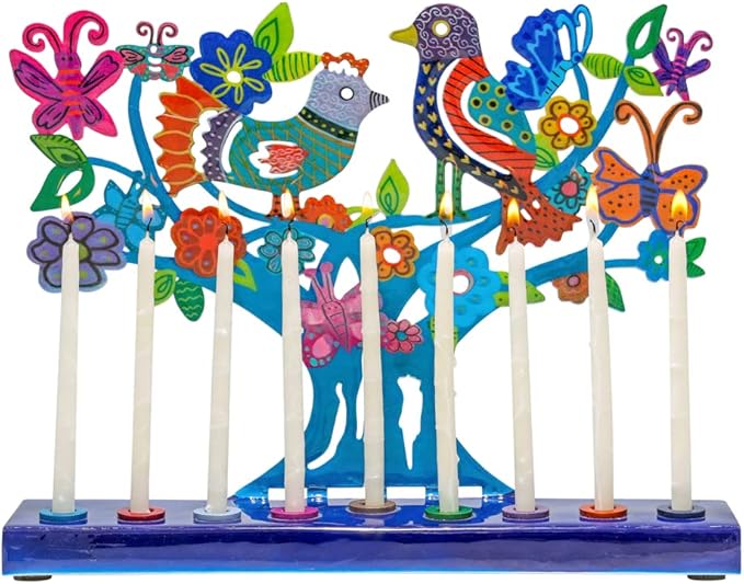 Yair Emanuel Menorah for Hanukkah | Colorful Hand Painted Design | Judaica Gift (Birds & Butterflies (HAY-1))