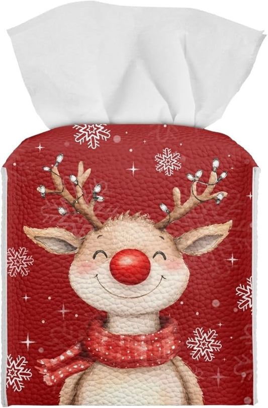 Christmas Square Tissue Box Cover Aesthetic Desk Decor for Home Office Car, PU Leather Tissues Cube Boxes Holder Bedroom/Bathroom/Kitchen Facial Napkin Holder Storage