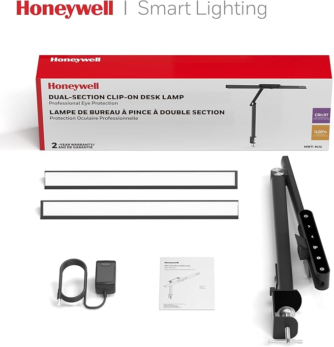 Honeywell LED Desk Lamp with Clamp - HJ1 Sunturalux Eye-Caring Clip on Lights for Home Office, 1200LM Clamp Lamp 4 Color Modes Stepless Dimming Task Desk Light for Working Black