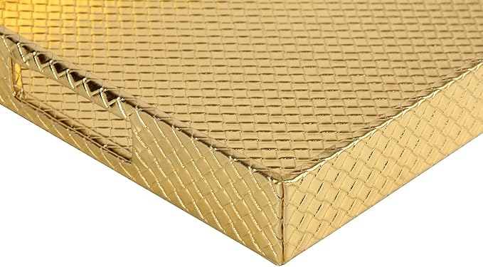 HofferRuffer Rectangle Serving Tray with Hole Handles for Coffee Table, Breakfast, Tea, Food, Butler - Countertop, Kitchen, Vanity Serve Tray, 16.2 x 12.2 x 2 inches, Faux Leather (Gold)