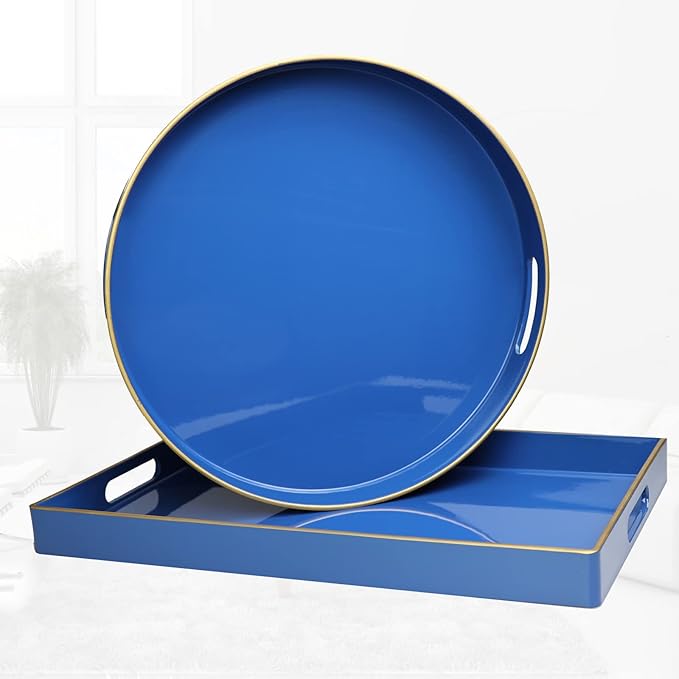Spsyrine Round Navy Blue Decorative Tray, 13" Plastic Serving Table Tray with Handles for Breakfast,Modern Ottoman Tray for Coffee Table, Bathroom, Kitchen, Living Room