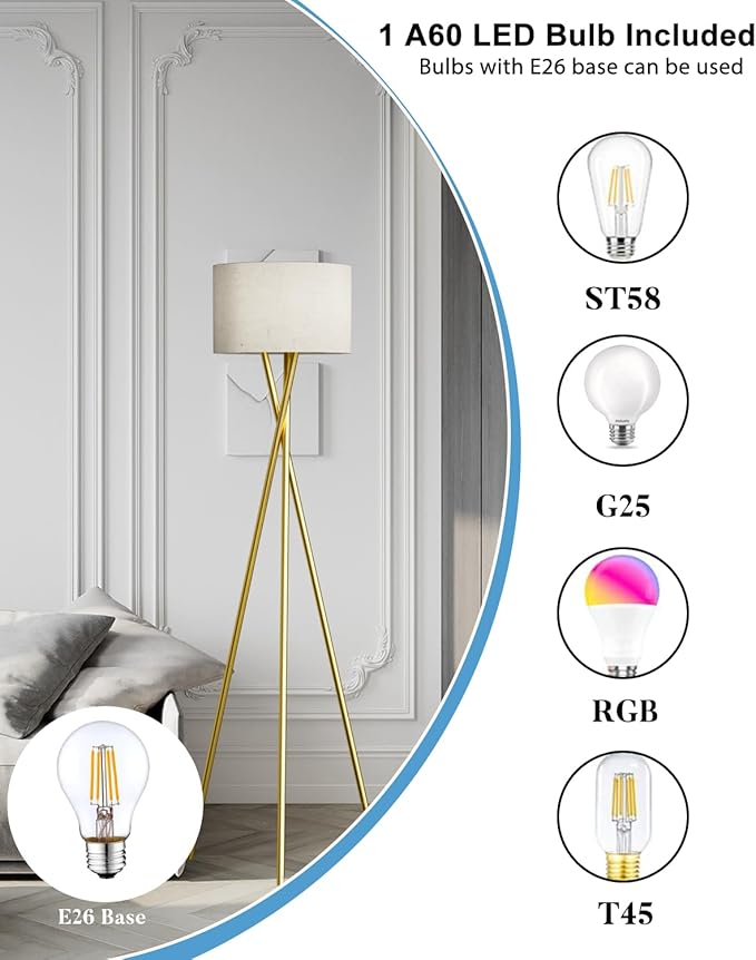 66IN Tripod Floor Lamp, Gold Standing Lamps with E26 Bulb Included, Mid Century Modern Tall Lamps for Living Room Bedroom Home Decor