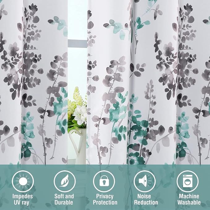 H.VERSAILTEX Floral Curtains 95 Inches Long Printed Pattern Room Darkening Curtains for Bedroom Rod Pocket Window Treatment Curtains, 2 Panels, Classical Floral Grey and Turquoise