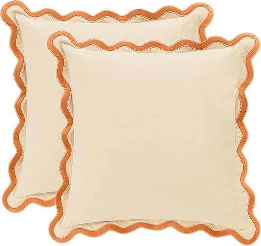MONDAY MOOSE Decorative Throw Pillow Covers Cushion Cases, Set of 2 Soft Velvet Scalloped Wavy Edge Designs, Mix and Match for Home Decor, Pillow Inserts Not Included (Honey/Cream, 20x20 inch)