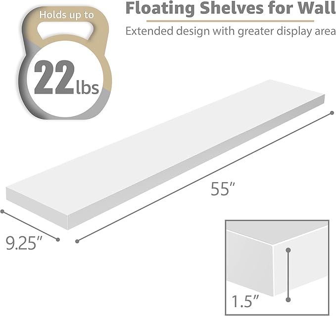 Sorbus Floating Shelves for Wall - 55 Inch Extra-Long Bathroom Shelves, Wall Decor for Bedroom, Kitchen, Living Room, Book Storage - Mounted Floating Shelf with Hidden Brackets (White, 3 Pack)