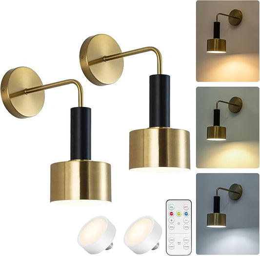 Battery Operated Wall Sconces Set of 2,Gold Wireless Sconce Wall Lighting with Remote Control Indoor,E26 Base Modern Led Wall Lamp Fixtures for Bedroom Living Room Hallway Corridor Porc