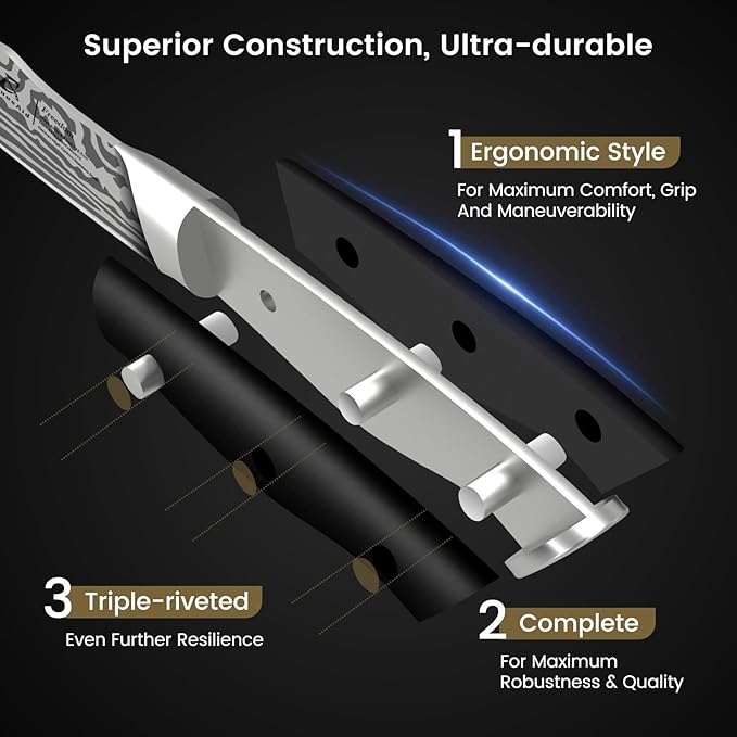 Steak Knives Set of 8, 4.8 Inch Straight Edge Ultra Sharp Durable Meat knives with Rest, High Carbon Stainless Steel Damascus Pattern Triple Rivet Handle, Ideal for Home Restaurant Party