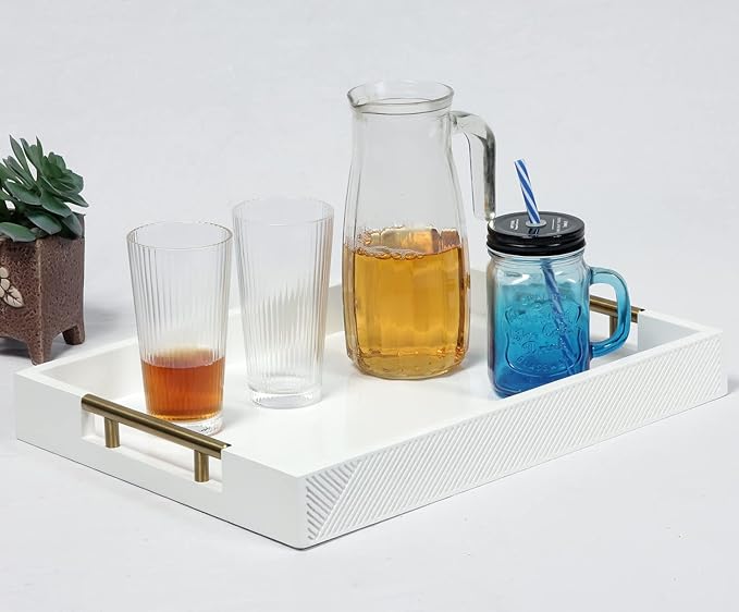 Serving Tray with Polished Metal Handles, 16.5''x12'' Rectangle Coffee Table Tray, Modern Decorative Tray, Large Ottoman Tray, Perfect for Storage and Display (White)