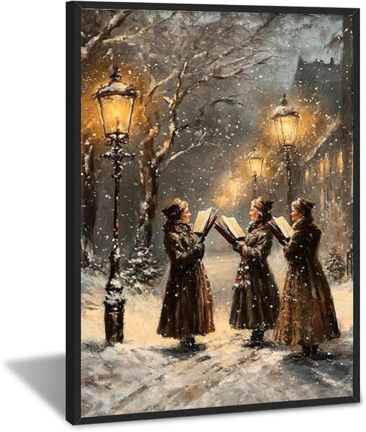 Medpol Vintage christmas wall art snow christmas carolers moody wall decor winter canvas poster for holiday decor apartment dormitory black framed12x18inch