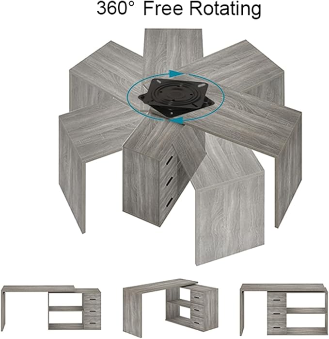 HSH 360° Rotating L Shaped Computer Desk with 3 Drawers and 2 Shelves, Home Office Swivel Desk for Work Writing Study Gaming, Reversible Wood Corner Desk with Storage Cabinet, Light Grey Oak, 55 Inch